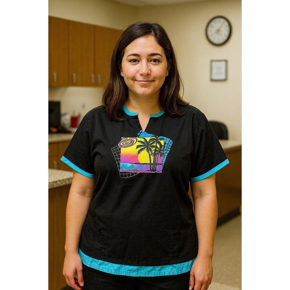 Surf Scrubs tropical Scrub Top Sz S Black with teal piping palm tree graphic